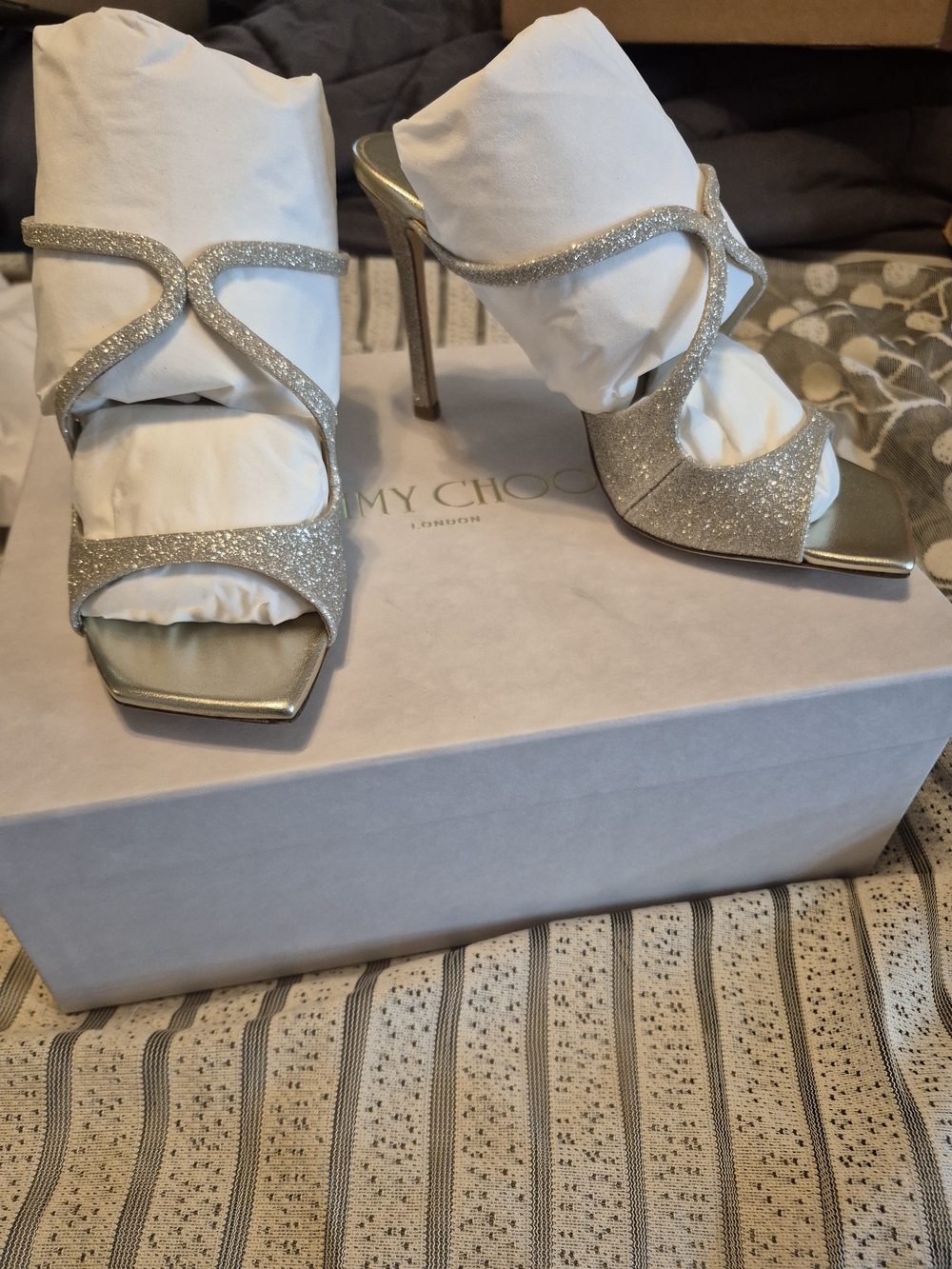 Jimmy Choo Anise 75 Platinum Ice Dusty Glitter Mules